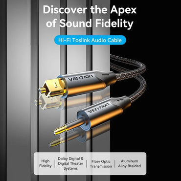 Vention Toslink 3.5mm Male to Mini Toslink Male Fiber Optic Hifi Braided Audio Cable with Gold Plated Plugs and DOLBY, DTS, PCM, 5.1 Surround Sound Support