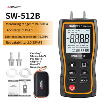 SNDWAY Digital Manometer Air Pressure Gauge with +39.99 kPA Measurement Range, LCD Display, Multi-Unit Switching and 3.18mm Pressure Connection | SW-512B