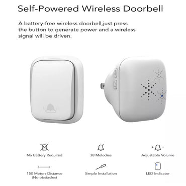 DAYTECH DB28 Self-Powered Smart Wireless Doorbell Plug and Play AC 110V-230V 150m Long Range Door Bell Buzzer with Adjustable Volume, 38 Chimes and Tunes for Home Office Indoor and Outdoor Installation