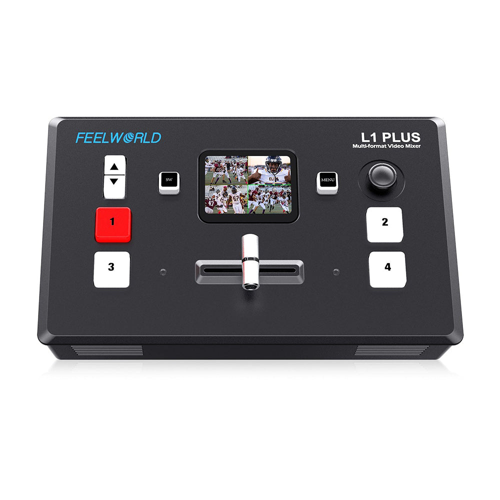 FEELWORLD L1 PLUS Multi-Camera Video Mixer Switcher with 4 HDMI Inputs, 4K 60Hz Support, 2" Touch Screen, PTZ Camera Joystick Control, USB 3.0 Interface, Audio Port, and RJ45 LAN Connection for Live Streaming, Broadcast, and Conferencing
