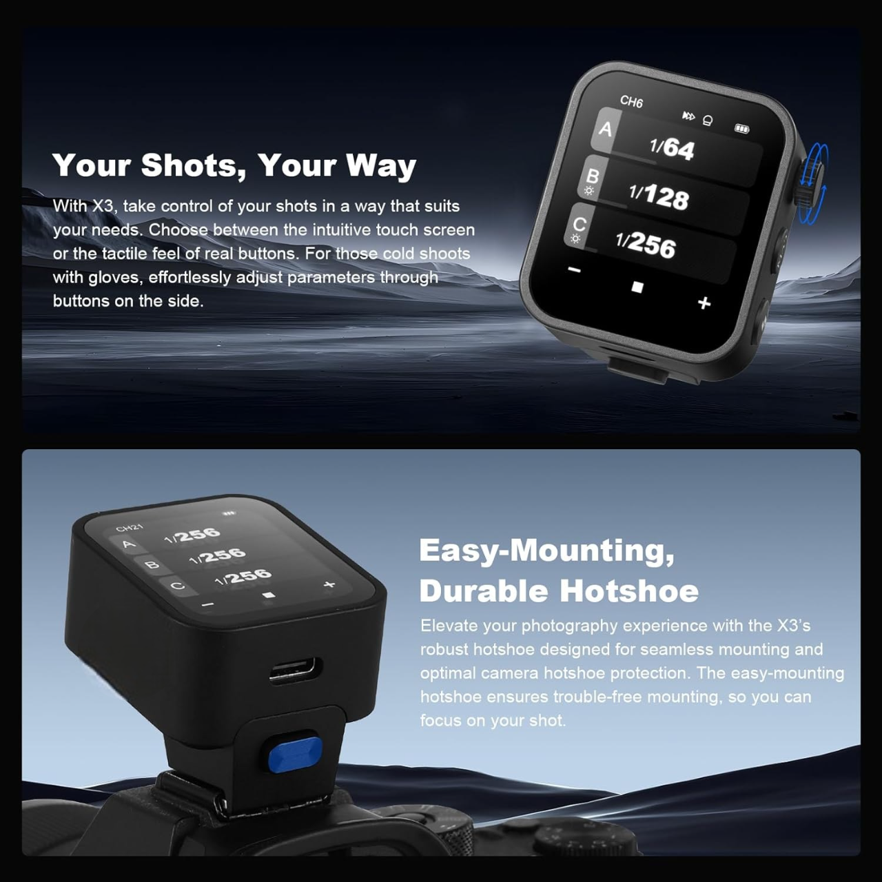 Godox X3 850mAh TTL Wireless Flash Trigger X3C X3N X3F X3S X3L Transmitter with OLED Touchscreen Display, 32 Channels & 99 IDs, 2.4GHz with Max 100m Range, High-Speed 1st & 2nd Curtain for Leica Canon Nikon FUJIFILM Sony