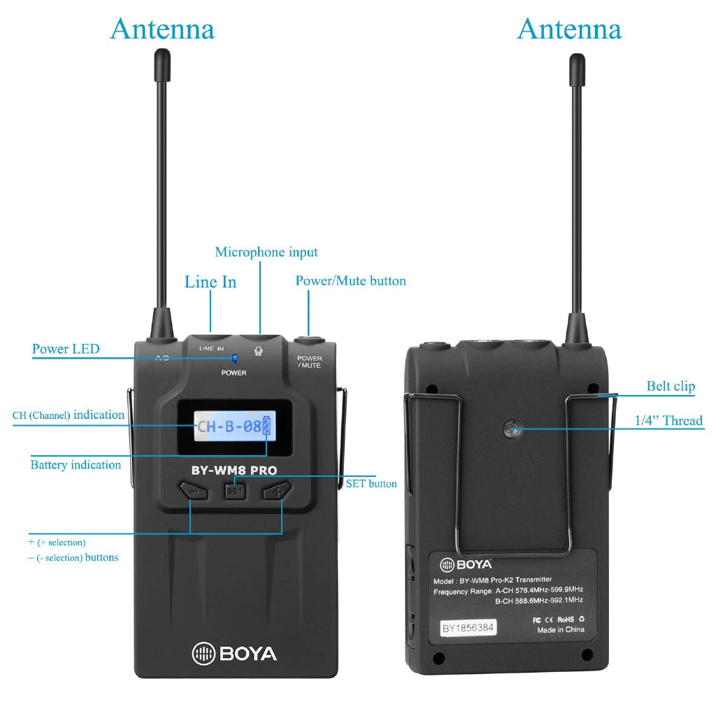 Boya BY-WM8 Pro K1 UHF Dual Channel wireless Lapel Receiver with One Lavalier Microphone Transmitter