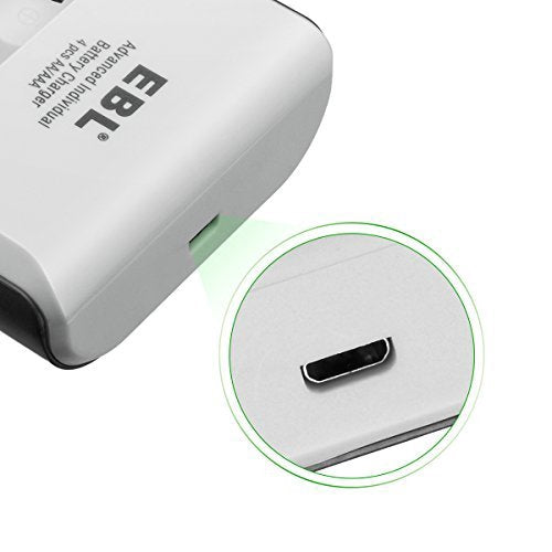 EBL LN-6420 807 4-Bay Battery Charger with Built-In Overheat and Over-Current Protection, LED Indicator Status Lights, and Micro USB Port for AA AAA Ni-MH and Ni-CD Rechargeable Batteries