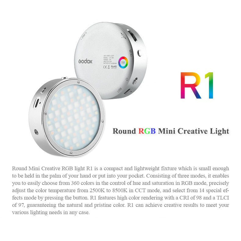Godox R1 Round RGB Mini Creative Light LED Video Light Fill Light 2500K-8500K CRI 98 for Video Recording and Photo