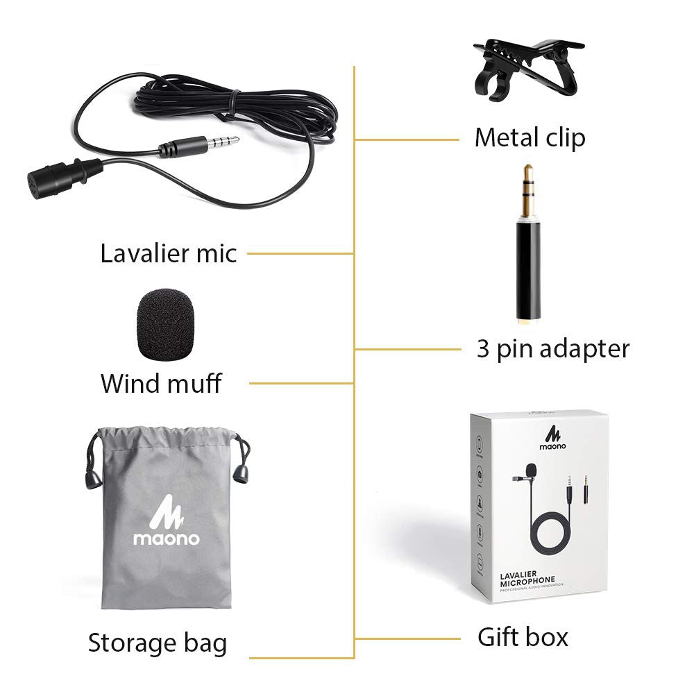 Maono AU-402L Cost-Effective Multipurpose Lavalier Microphone 3.5mm Jack Smartphone Tablet Laptop PS4 or Skype,YouTube, Recording, Podcasting and Webinar