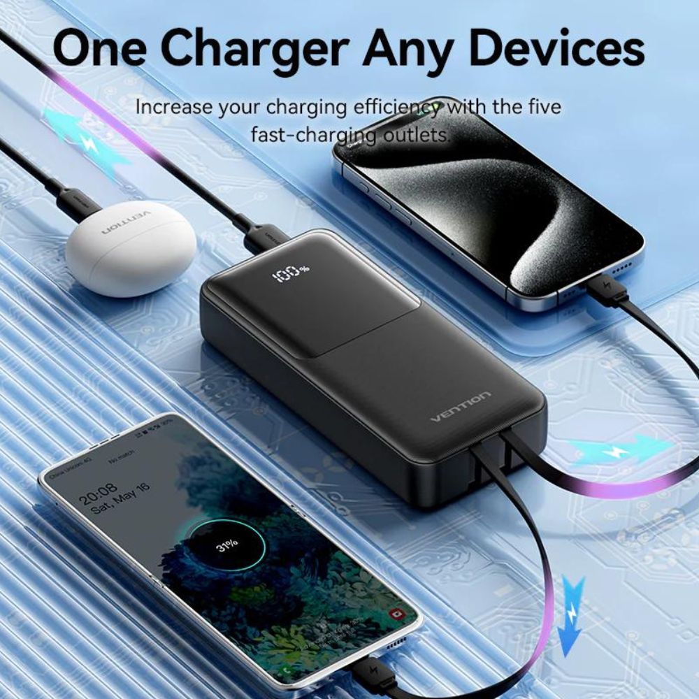 Vention 20000mAh 22.5W/PD 20W Fast Charge Power Bank with Built-In Type C & Lightning Charging Cable, 3-Port Output, Smart LED Digital Display for iPhone, iPad, Airpods, Android Smartphone, Tablet, Camera - White, Black