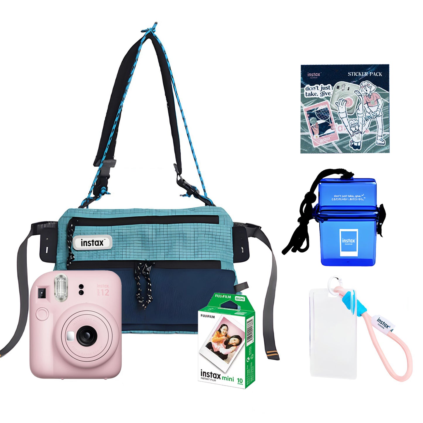 FUJIFILM Instax Mini 12 Instant Camera Club Kit Bundle Pack with Mini Glossy Film 10s, Sling Bag, Waterproof Case, Keychain Photo Holder and Sticker Pack | Blue Green Pink Purple White