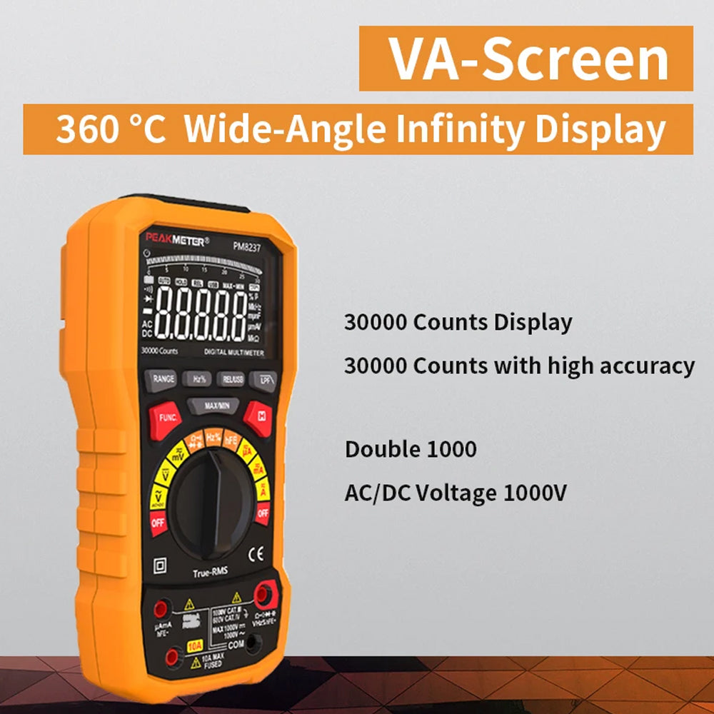 Peakmeter PM8237 10A 1000V AC & DC Digital Multimeter with Dual Test Leads, USB-A Cable Interface, 30000 Counts Display, Auto Range, Data Hold, Voltmeter for Voltage, Current, Resistance, Frequency, Capacitance Tester etc.