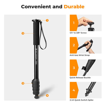 K&F Concept 63" / 160cm 5-Section Camera Monopod Stick with 10KG Maximum Load Capacity and 1/4" Attachment Thread for FUJIFILM Sony Canon Nikon Panasonic Lumix Olympus OM SYSTEM DJI Insta360 GoPro Mount Adapter | MS16