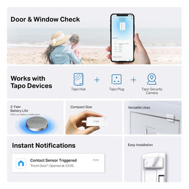 TP-Link TAPO T-110 Smart Contact Sensor Door and Window Checker with Tapo Devices Compatibility, Wireless 868 / 922 MHz, Real Time Notifications and CR2032 Battery for Home Security