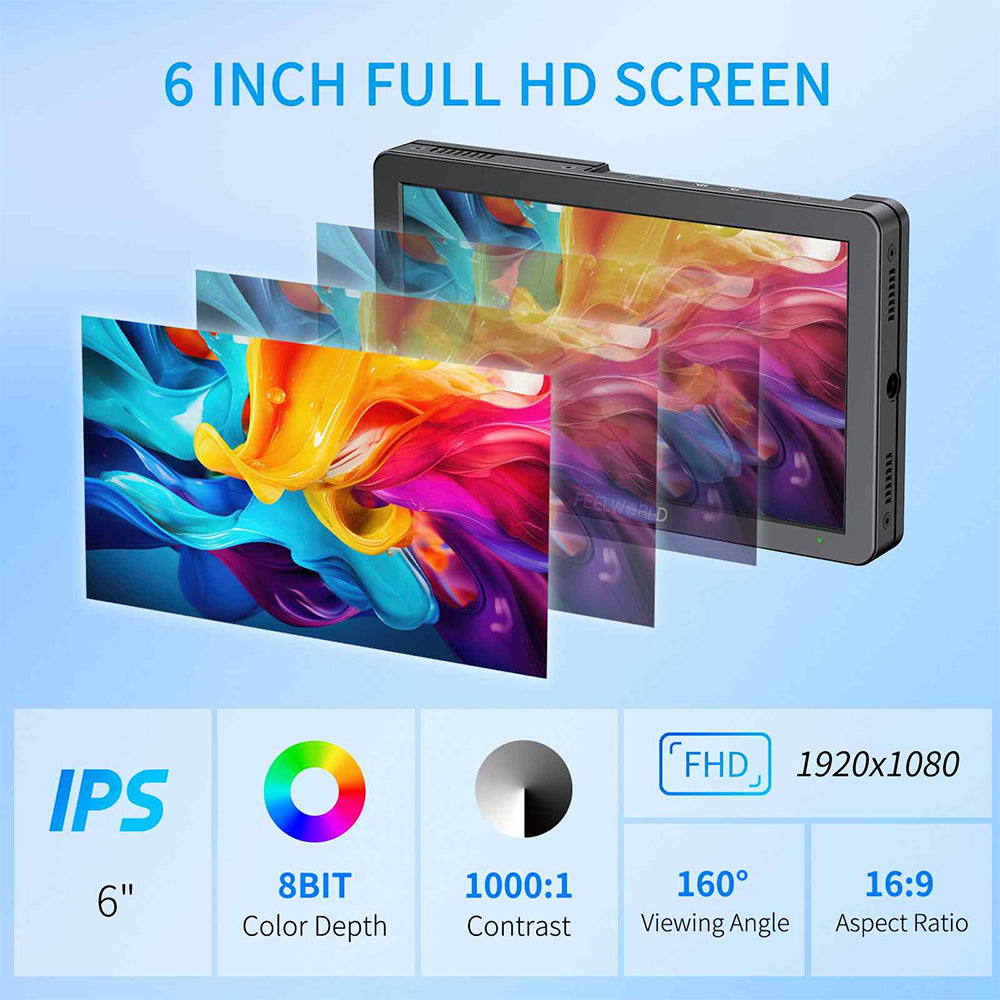 FEELWORLD T6 Camera Field Video Monitor 6" IPS with Aluminium Housing 4K HDMI Full HD, Aluminium Housing, 3D LUT, HDR, Waveform NP-F Battery Slot & Multiple Power Options