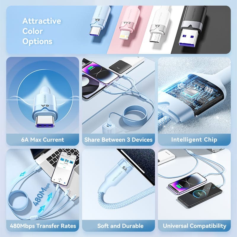 Vention 3-in-1 USB 2.0 1.5M Cable USB-C, Lightning, Micro-B, 6A Fast Charging, Aluminum Alloy for Phone, Tablet, Power bank - Available Colors