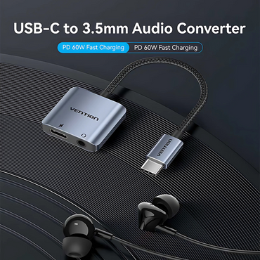 Vention USB-C Male to 3.5mm Female Hi-Fi Audio Adapter with 60W PD Fast Charging Port for iPhone 15/16, Samsung Galaxy S25/S24/S23/S22/S21, iPad Air/Pro/Mini, MacBook Air/Pro, Other Mobile Phones to Wired Earphones, Headphones & Speakers
