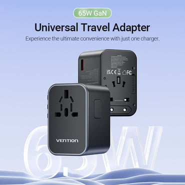 Vention 65W Multi-Port Universal Travel Adapter with GaN Fast Charging USB PD Ports, US/AU/UK/EU Male and Female Plugs for Smartphone, Tablet, Laptop etc. | FJDB0