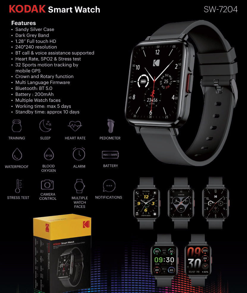 KODAK SW-7203 / SW-7204 Smart Watch IP68, Bluetooth 5.3 / 5.0, 1.85" / 1.28" HD Full Touchscreen Display, 260mAh / 200mAh Max 5 Days Battery Life, Mobile GPS, Health Monitoring, Multiple Preloaded Watch Faces | Black, Silver