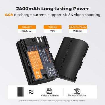 K&F Concept LP-E6P LPE6P Battery and Charger Kit with 2400mAh Capacity, Micro and USB-C Port for Canon EOS R5 II, R6 II, R7, R6, R5 Mirrorless / 90D, 80D, 70D, 60D, 5D IV, 5D III, 5D II, 5DS R, 6D II, 6D, 7D II, 7D DSLR Cameras