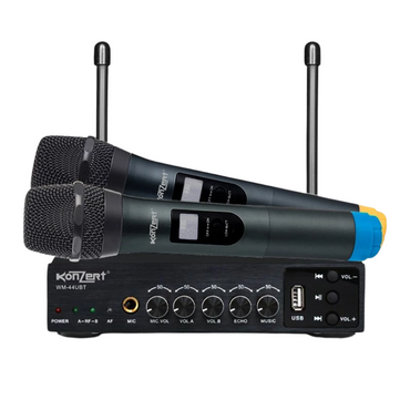 Konzert WM-44UBT Dual Wireless UHF 2-Person Microphone System with Dymic Capsule 2-Channel Receiver, Fixed Frequency, Bluetooth and USB Audio and Max 30m Transmission Range