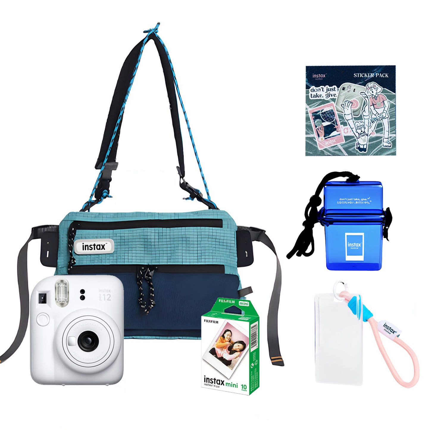 FUJIFILM Instax Mini 12 Instant Camera Club Kit Bundle Pack with Mini Glossy Film 10s, Sling Bag, Waterproof Case, Keychain Photo Holder and Sticker Pack | Blue Green Pink Purple White