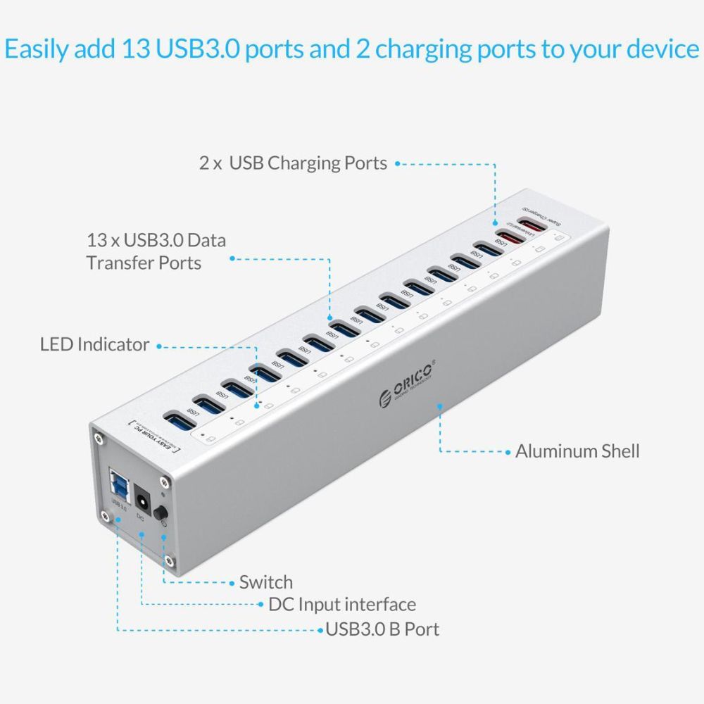 ORICO 13-Port USB 3.0 Hub with Dual Charging Ports - USB Docking Station for MacBook, iMac, PC, Desktop Computers & Laptops (Windows, macOS & Linux) | A3H13P2
