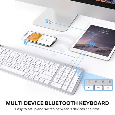 iClever BKA26S Wireless 280mAh Rechargeable Multi Device Keyboard Bluetooth 5.1, Scissor Type Switches, Number Pad Ergonomic Design Full Size Stable Connection Keyboard for iPad, iPhone, Mac, iOS, Android, Windows
