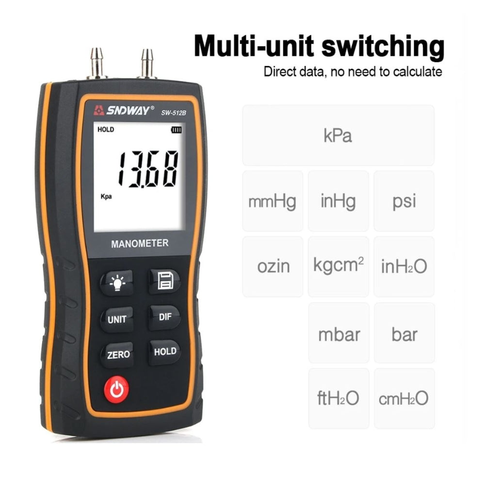 SNDWAY Digital Manometer Air Pressure Gauge with +39.99 kPA Measurement Range, LCD Display, Multi-Unit Switching and 3.18mm Pressure Connection | SW-512B