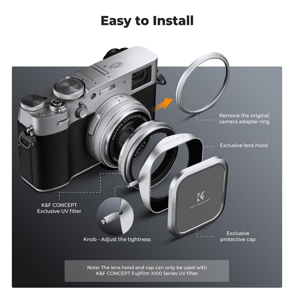 K&F Concept FUJIFILM X100 Series NO-X MCUV Ultraviolet Filter with Lens Cap & Hood for FUJI X100, X100F, X100S, X100T, X100V, X100VI Cameras - Multi-Coated Optical Glass, Magnetic Frame, High-Definition, Waterproof & Scratch-Resistant
