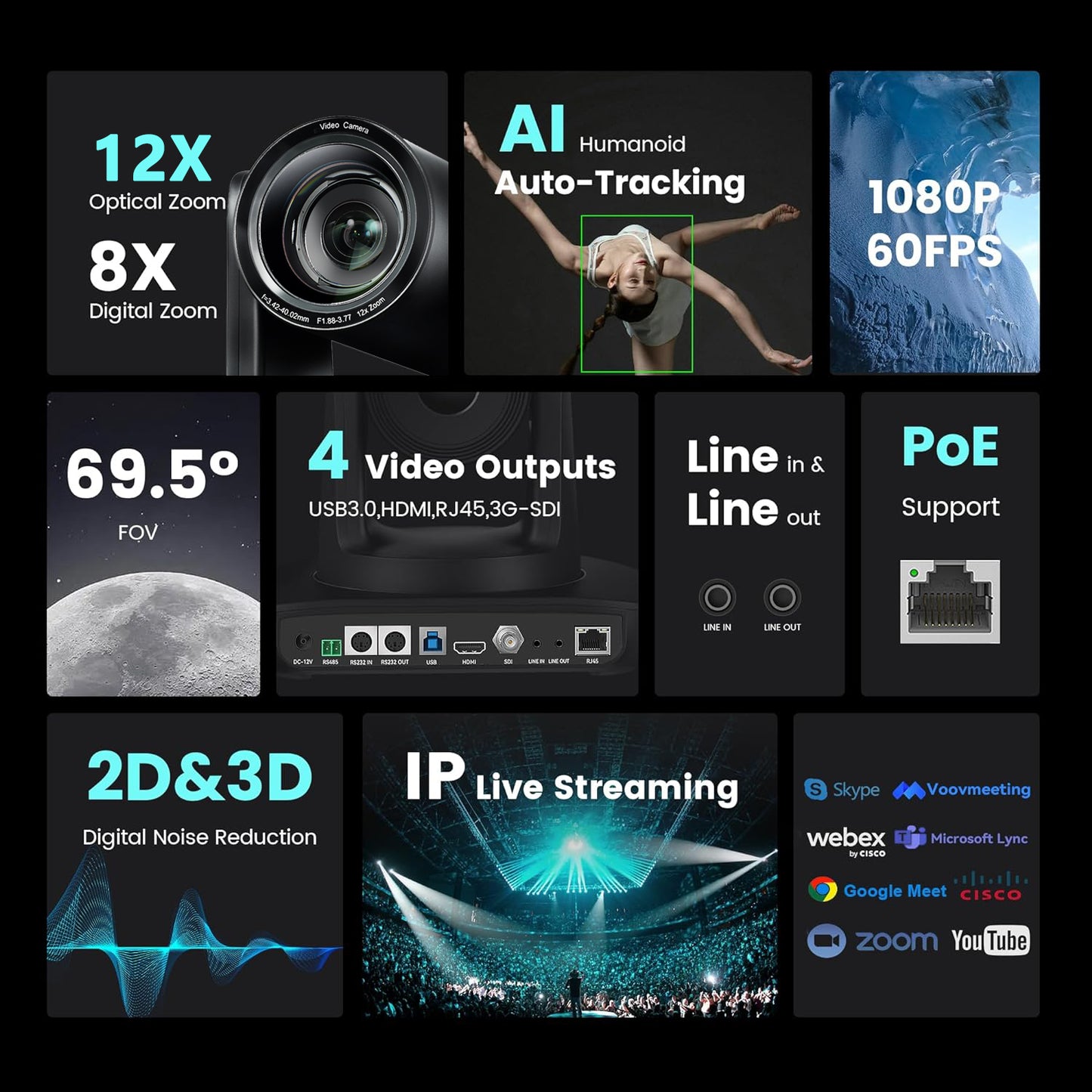 Tenveo UHDMAX 1080P FHD PTZ Conference Camera with Smart Auto Tracking, 12X Optical Zoom, 2MP 1/2.8" Sony Sensor, 3G-SDI, HDMI, USB, and LAN Output for Video Live Streaming, Broadcast, Meeting & Conferencing