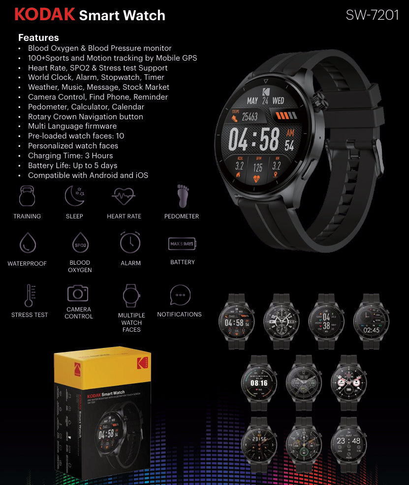 KODAK SW-7201 / SW-7202 Smart Watch IP67, Bluetooth 5.3, 1.45" Curved HD Full Touch Screen, 300mAh Max 5 Days Battery Life, Mobile GPS, Health Monitoring, Preloaded Watch Faces and Android iOS Compatible | Black, Silver