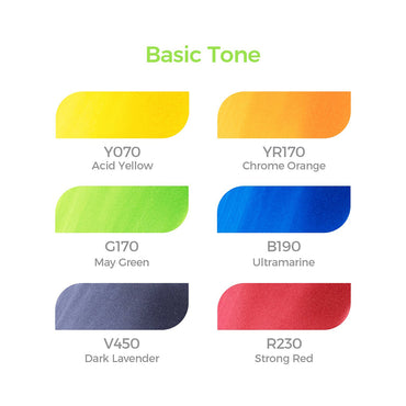 Ohuhu Honolulu 6 Colors Basic Tone Alcohol Based Dual Tip Art Markers with Acid Yellow Y070, Chrome Orange YR170, Dark Lavender V450, May Green G170, Ultramarine B190, Strong Red R230 Colored Pens for Arts & Craft, Stationery, and Drawing