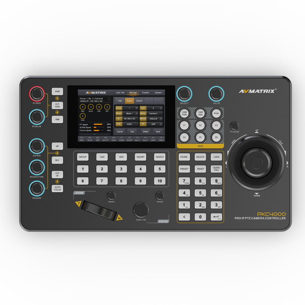AVMatrix PKC4000-NDI IP Serial PTZ Camera Joystick Controller 5" Touchscreen Display, IP / 4S-422 / RS-485 / RS-232 Controls, Max 100 Camera Input and 255 Presets, Track Record + Playback, VISCA VISCA-IP ONVIF PELCO P&D Protocols