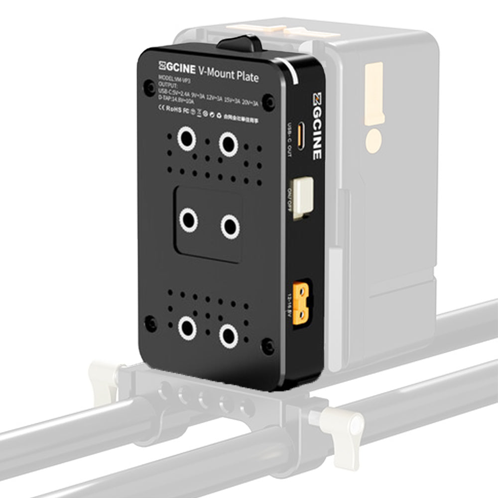 ZGCINE VM-VP3 V-Mount Battery Plate with 3 D-Tap, USB-C PD Output, 15mm LWS Rod Clamp, 1/4"-20 Mount Threads, Multi-Accessory Power Hub for Mobile Phones, Cameras, LED Lights, Monitors, Electric Slide Rails & Video Equipment
