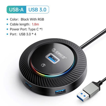 ORICO 4-IN-1 USB HUB 5GBPS RGB (0.3M,1.8M) USB-A Cable with 4-Port USB 3.0 | Windows, Linux & macOS Support | for PCs, Computer Desktops & Laptops | USB Hubs & Docking Stations | YKR2-U3