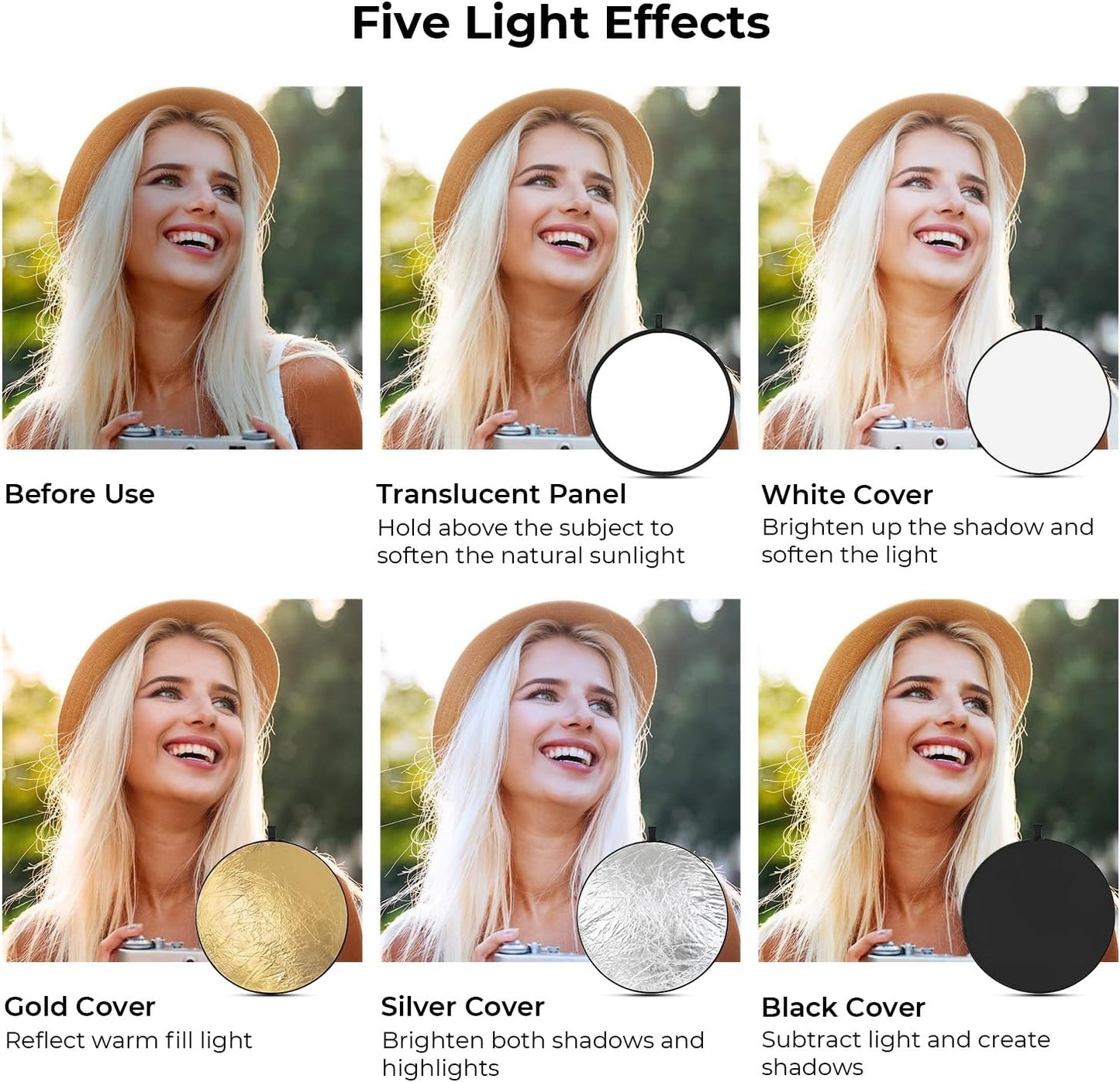 K&F Concept 110cm / 80cm / 60cm / 56cm 5-in-1 Collapsible Photography Circular Reflector with White Translucent Soft Light and Silver, Black, Gold Sided Panel for Portable Outdoor and Indoor Digital Camera Photo Shoot