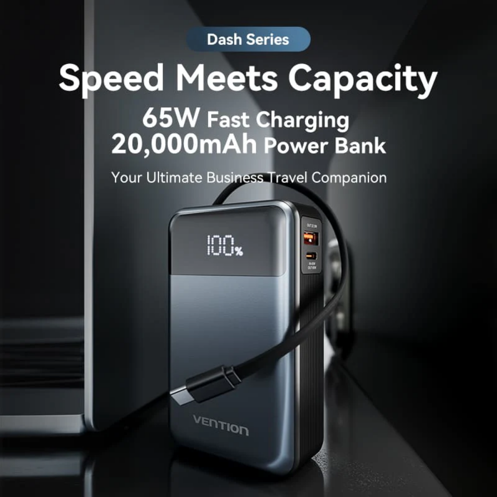 Vention 20000mAh 65W Fast Charging Power Bank with Built-in Cable, Lanyard Design, LED Digital Battery Display and Up to 3 Devicess