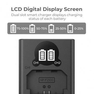 K&F Concept NP-FZ100 Dual Battery Charger with LCD Screen Indicator and USB A to Type C Charging Cable for Sony Alpha A7 III, A7R III, A7R IV, A9, A6600, Alpha A9 II, etc. Digital Camera Photography