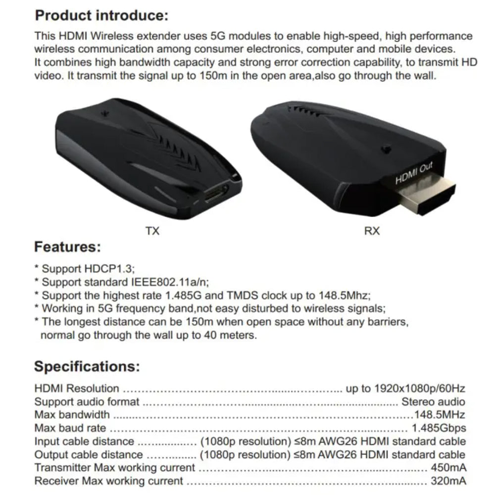 Argox 150m HDMI Wireless Extender with 1080p 60Hz, Stereo Audio, 148.5MHz of Bandwidth, 1.485Gbps of Baud Rate, 5G Frequency, and HDCP 1.3 for Home Entertainment, Digital Signage, Conference & Presentations