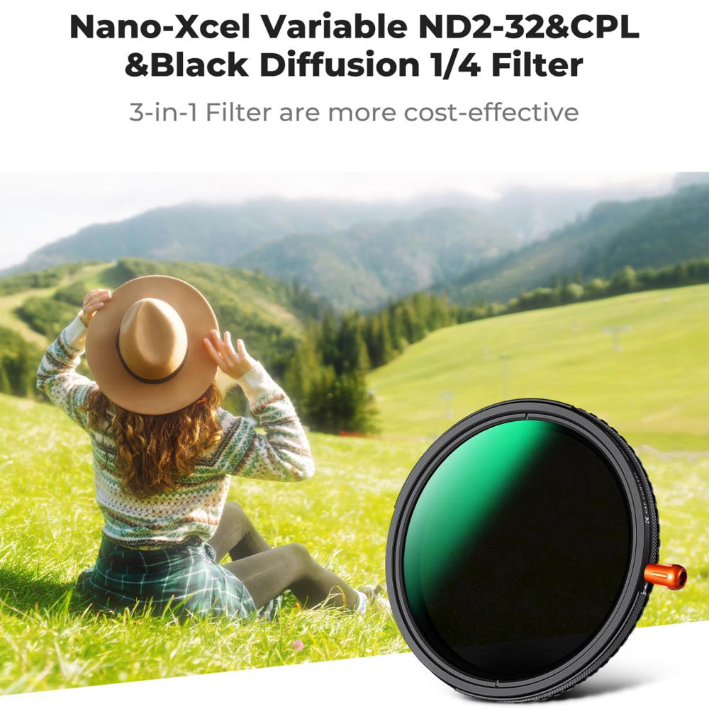 K&F Concept no-X Series 3-in-1 ND2-32 Neutral Density + CPL Circular Polarizer + 1/4 Black Diffusion Mist Lens Filter with 1 to 5 Stops, 28 Multi Layer Coated AGC Optical Glass, Water, Dust and Scratch Resistant