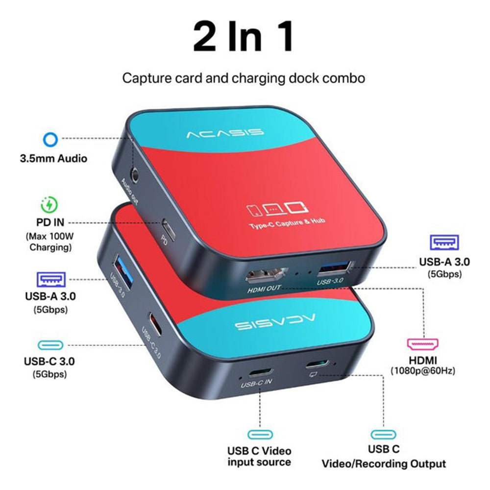 ACASIS VC-003 PRO 2 in 1 1080p 60fps HDMI Video Capture Card with USB Type-C PD 100W Charging Docking Station with 3.5mm Audio Port, YUY2 Format Support, USB 3.0 5Gbps Max Transfer Rate for Nintendo Switch, Laptop PC Smartphones