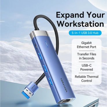 Vention 5-in-1 USB 3.0 Hub with RJ45 Gigabit Ethernet, Type C Power Supply Port, and Supports Windows Linux MacOS Android for Desktop Computer Laptop Mobile Phone iPad Keyboard Mouse Card Reader Flash Drive Portable HDD / SSD