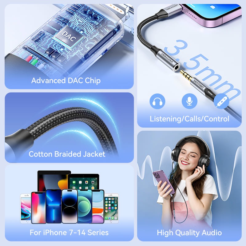 Vention iPh Male to 3.5mm Earphone Jack Adapter with Cotton Braided Exterior for Cars, Mobile