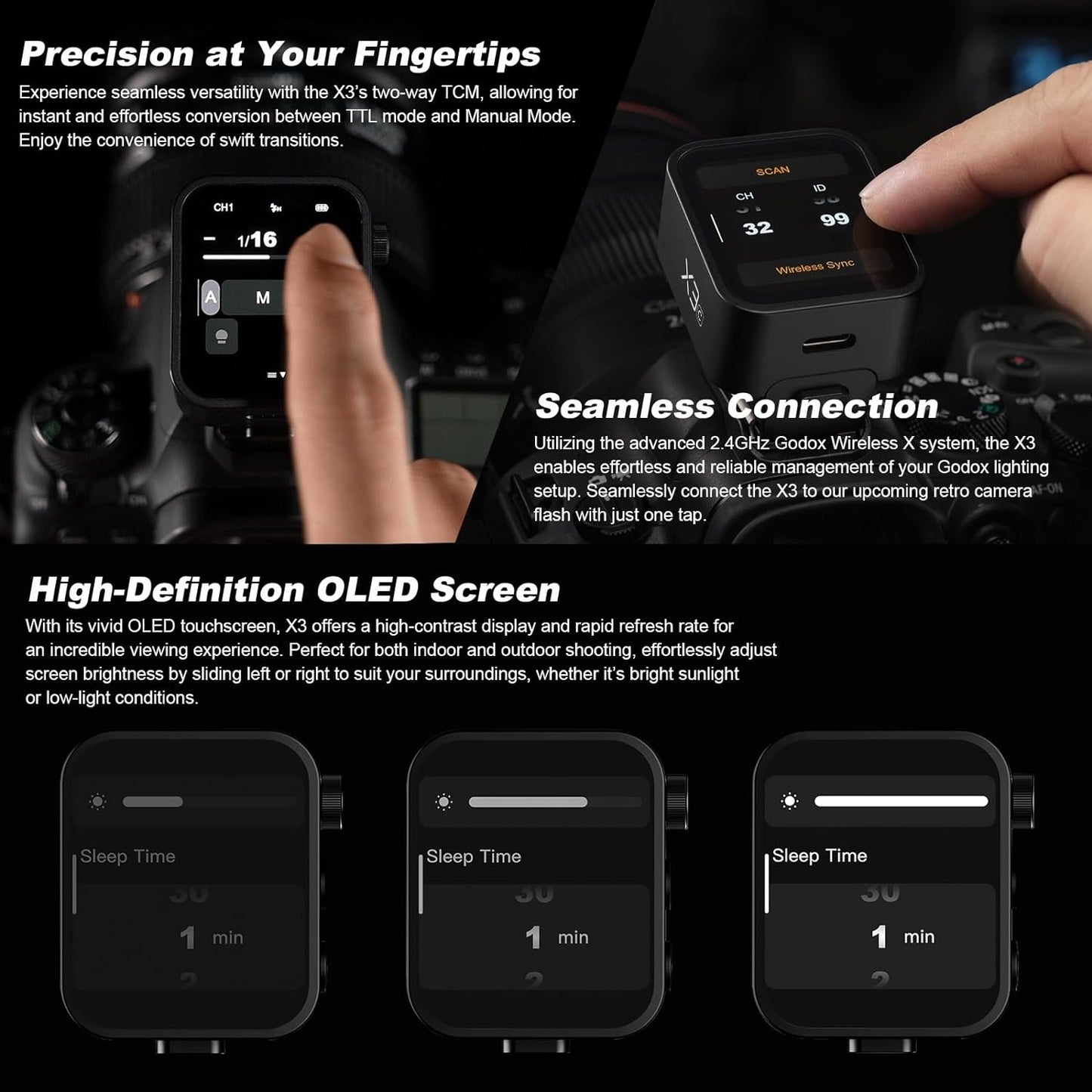 Godox X3 850mAh TTL Wireless Flash Trigger X3C X3N X3F X3S X3L Transmitter with OLED Touchscreen Display, 32 Channels & 99 IDs, 2.4GHz with Max 100m Range, High-Speed 1st & 2nd Curtain for Leica Canon Nikon FUJIFILM Sony