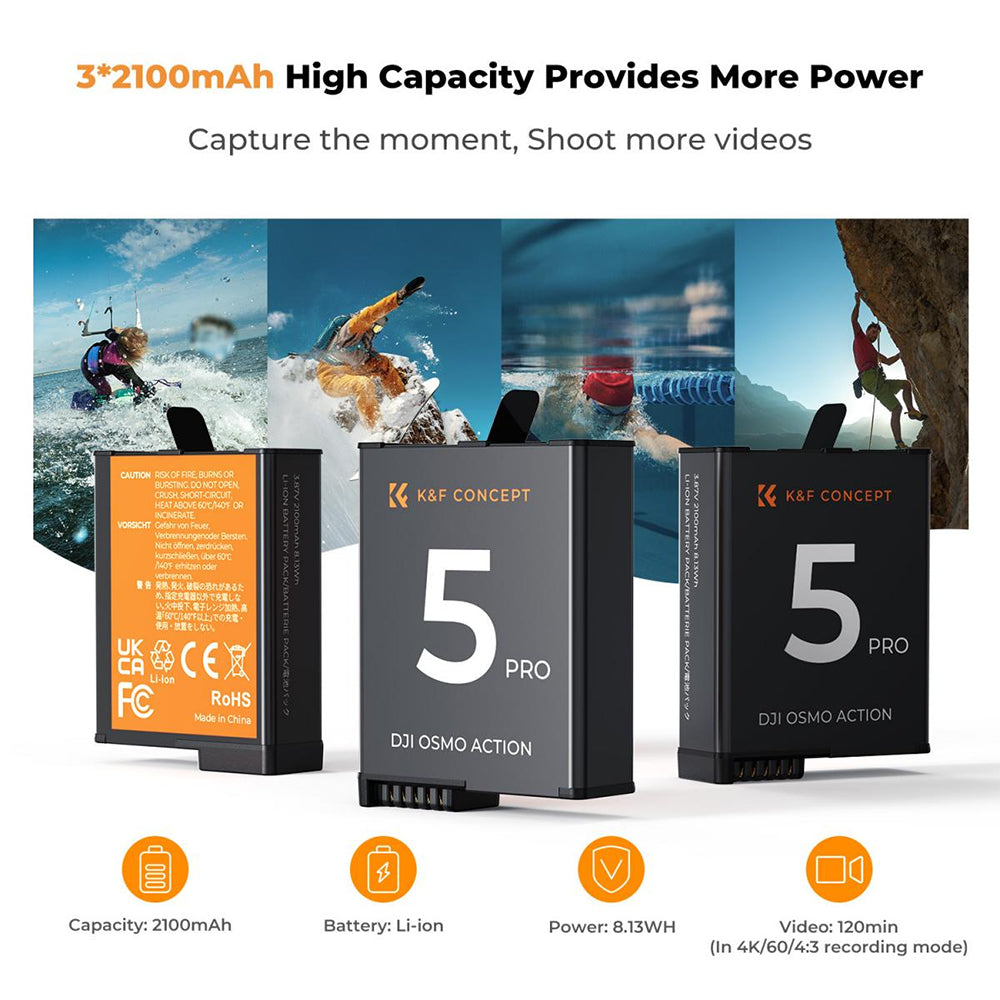 K&F Concept 3-Pack DJI Osmo Action 5 Pro / 4 / 3 Camera Battery & Triple-Slot Charger Kit with 2100mAh Capacity, LED Light Indicator, USB-C Charging Cable & Port