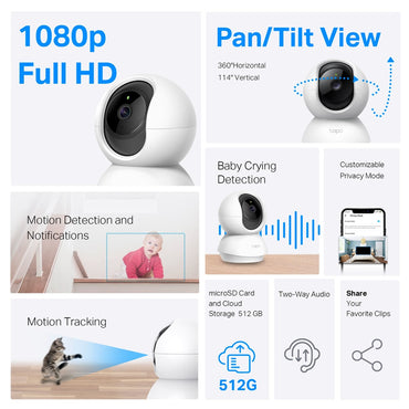 TP-Link Tapo C222 / C220 2K QHD / C200C 1080p Full HD Home CCTV WIFI Camera with 360° Pan / 114° Tilt, Night Vision, Smart AI Motion Detection, 2-Way Audio and 512GB MicroSD Slot for Home Security