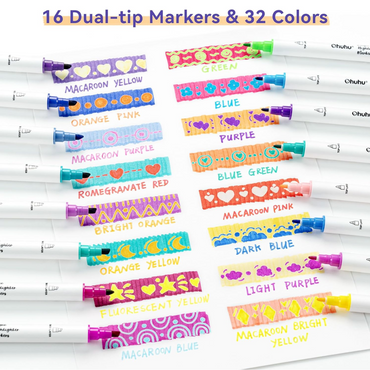 Ohuhu Water Based 32 Colors 16 Dual Tip Fine and Chisel Art Marker Highlighter Colored Pens for Illustrations, Drawing, Coloring, Stationery, Arts & Crafts | Y30-80601-40