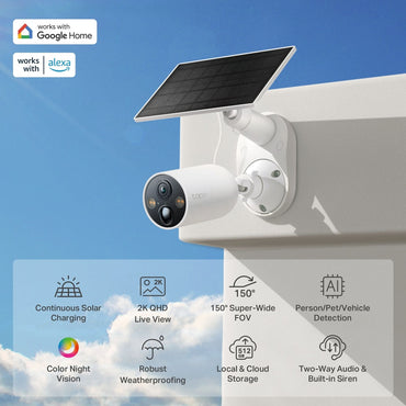 TP-Link Tapo C425 Solar Powered 2K QHD 4MP Smart AI CCTV Camera Kit with 10000mAh Battery, Color Night Vision, IP66 Weatherproof, 512GB MicroSD Slot for Home Security