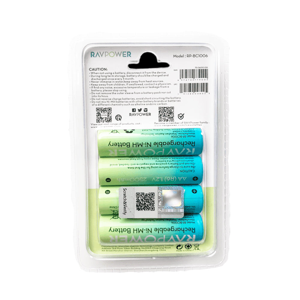RAVPower 1.2V AA Ni-MH Rechargeable Battery 2500mAh (4pcs) and 4-Slot Charger with Micro USB & Type C Charging Ports for Cameras, Remote Controllers, Wall Clocks, Home Doorbells, Flash Lights, etc.