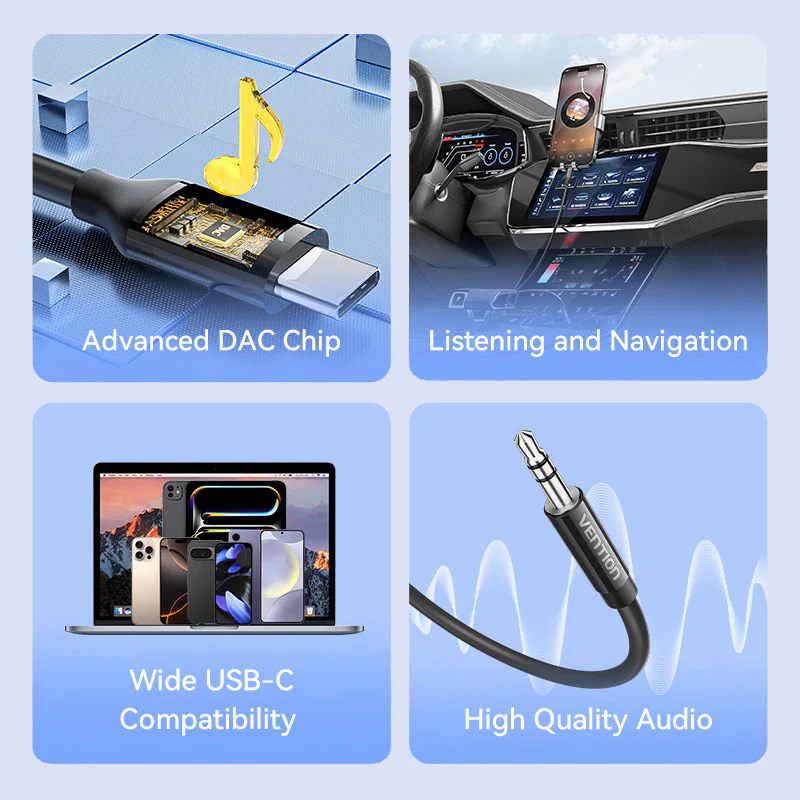 Vention 1.5-Meters USB-C Male to 3.5mm Male Jack Audio Cable with DAC Adapter ABS Type for Laptops, Headphones, Car Stereo, Smartphones & Speakers