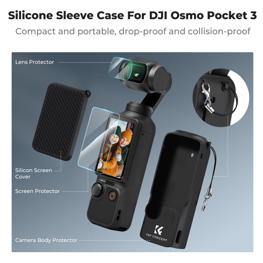 K&F Concept Silicone Protective Body Case Sleeve with Screen Cover & Lens Protector for DJI Osmo Pocket 3 Action Camera, Anti-Loss Wrist Strap Rope, Explosion-Proof Tempered Glass, Water, Dust and Scratch Resistant | KF31-110