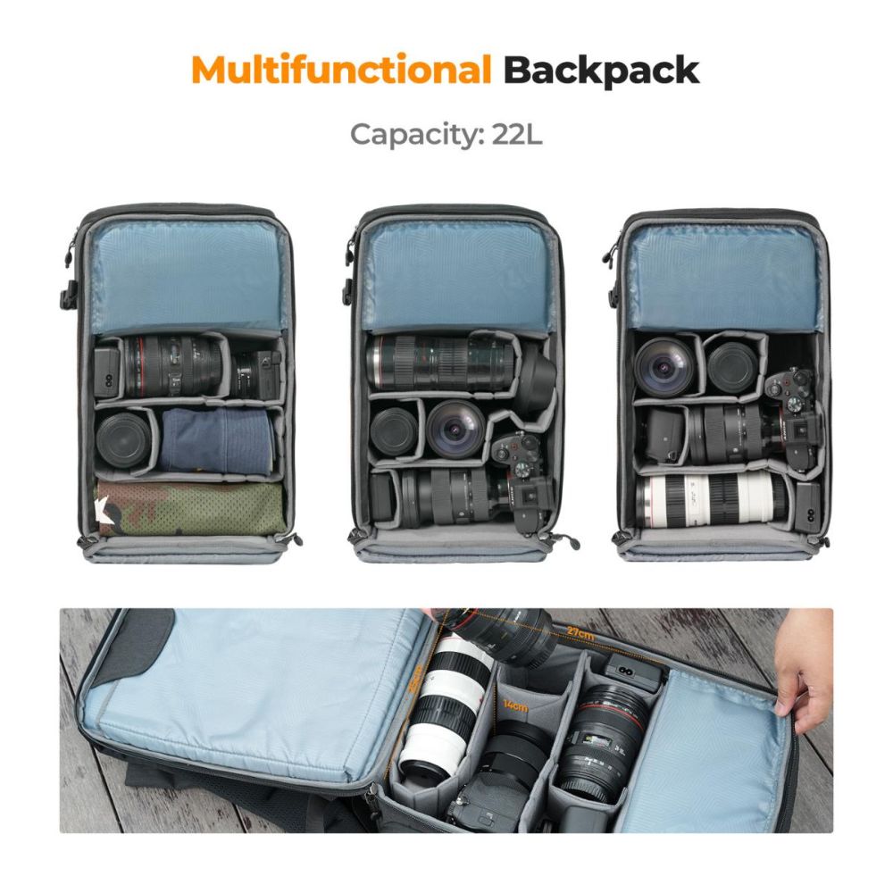 K&F Concept Beta 22L Professional Photography Camera Backpack Bag with 15" Laptop Computer Compartment, Rain Cover, Large Storage for Tripod, Lens, Flash, Battery Charger, Video Light, DJI Drone, Digital Mirrorless, DSLR - Nature Wander 11 | Black, Gray
