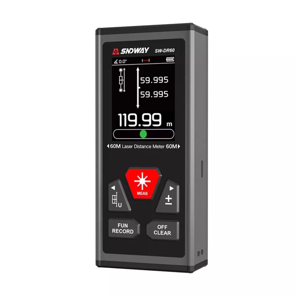 SNDWAY Dual Rechargeable Laser Distance Meter with Bidirectiol 60M /120M Measuring Range, Laser Class Level II, LCD Display Screen, Magnetic Back and Multiple Measurement Function Options for Industrial and Home Improvements | SW-DR60